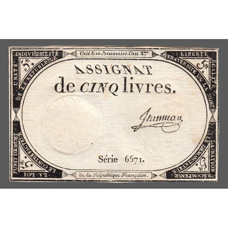 Assignat 46a - 5 livres - 10 brumaire an 2 - Signature 58 - Etat : TTB+