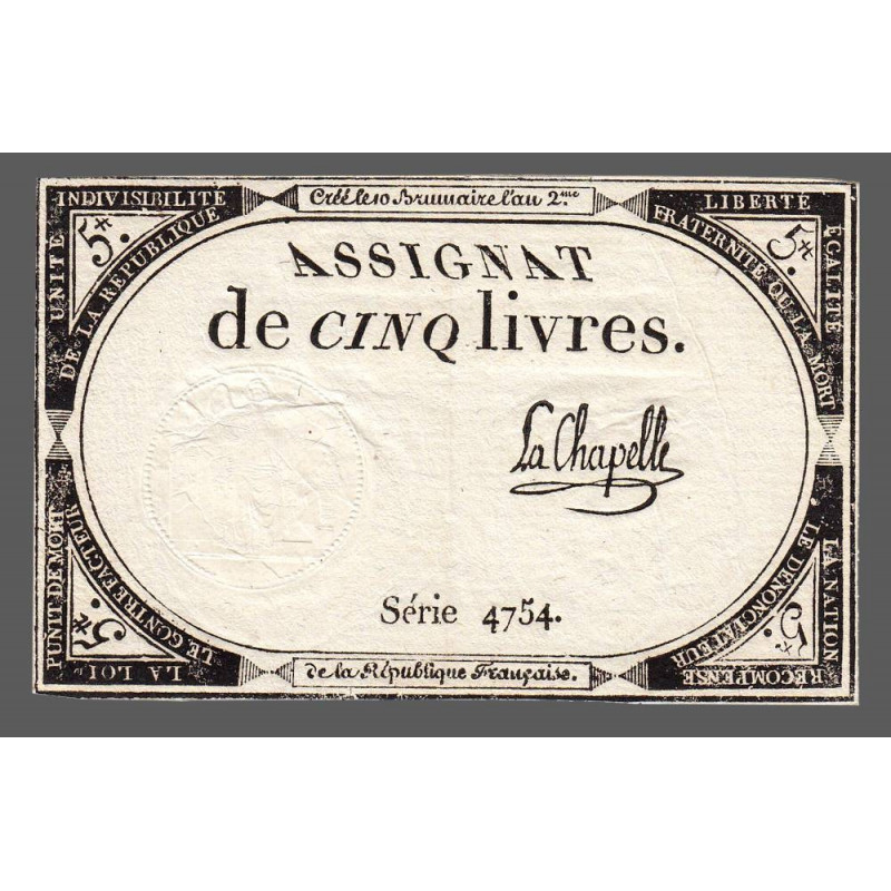 Assignat 46a - 5 livres - 10 brumaire an 2 - Signature 60 - Etat : SUP