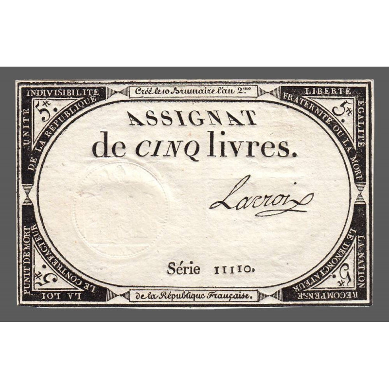 Assignat 46a - 5 livres - 10 brumaire an 2 - Signature 61 - Etat : SUP