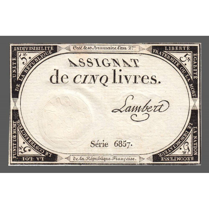 Assignat 46a - 5 livres - 10 brumaire an 2 - Signature 62 - Etat : SUP