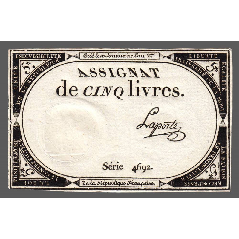 Assignat 46a - 5 livres - 10 brumaire an 2 - Signature 64 - Etat : SUP