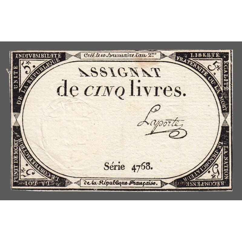 Assignat 46a - 5 livres - 10 brumaire an 2 - Signature 64 - Etat : TTB+