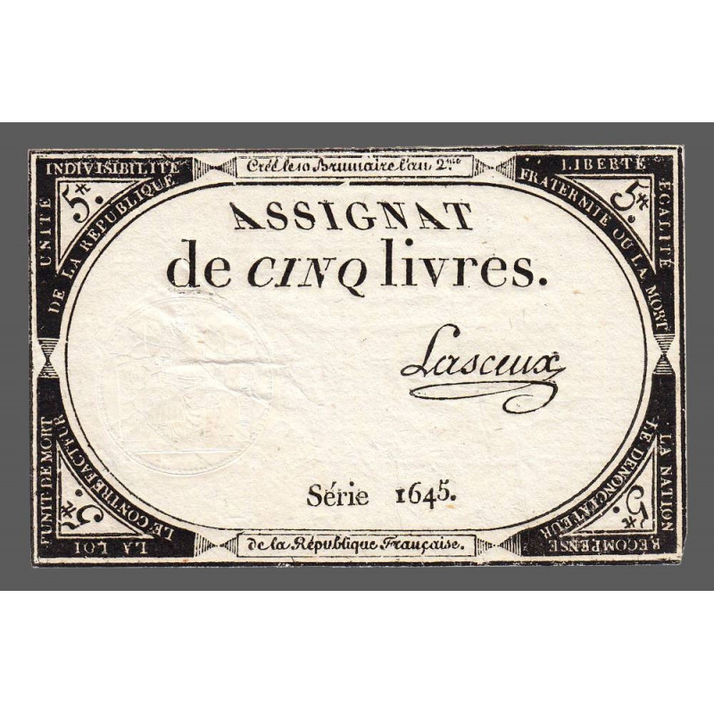 Assignat 46a - 5 livres - 10 brumaire an 2 - Signature 65 - Etat : SUP