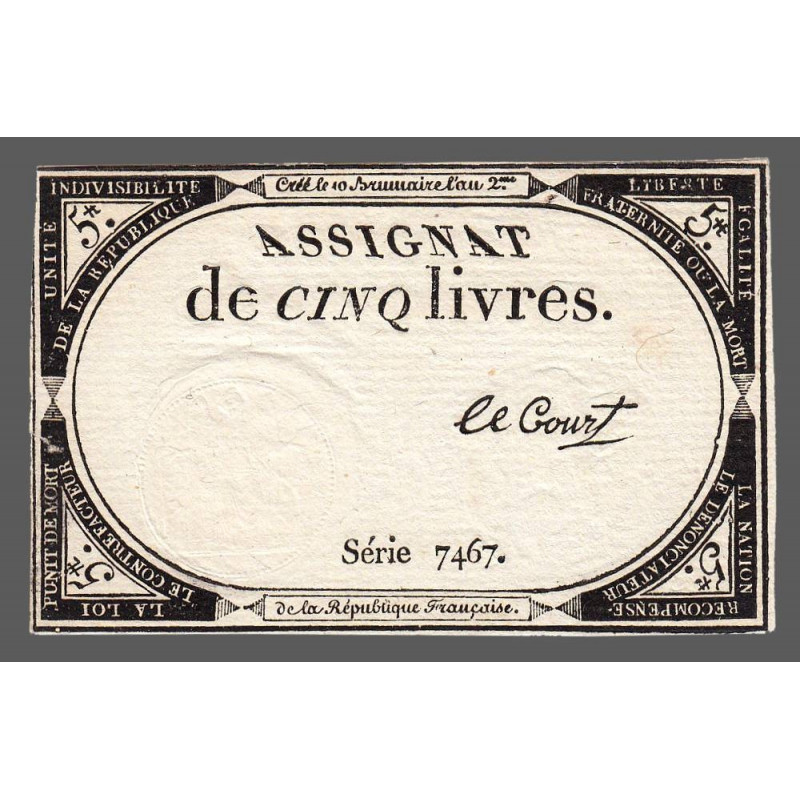Assignat 46a - 5 livres - 10 brumaire an 2 - Signature 66 - Etat : TTB+