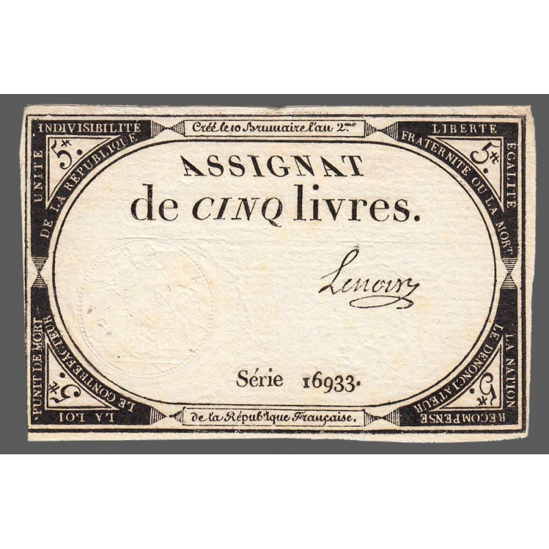 Assignat 46a - 5 livres - 10 brumaire an 2 - Signature 67 - Etat : SUP