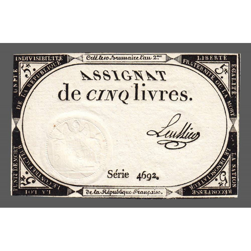 Assignat 46a - 5 livres - 10 brumaire an 2 - Signature 68 - Etat : SUP
