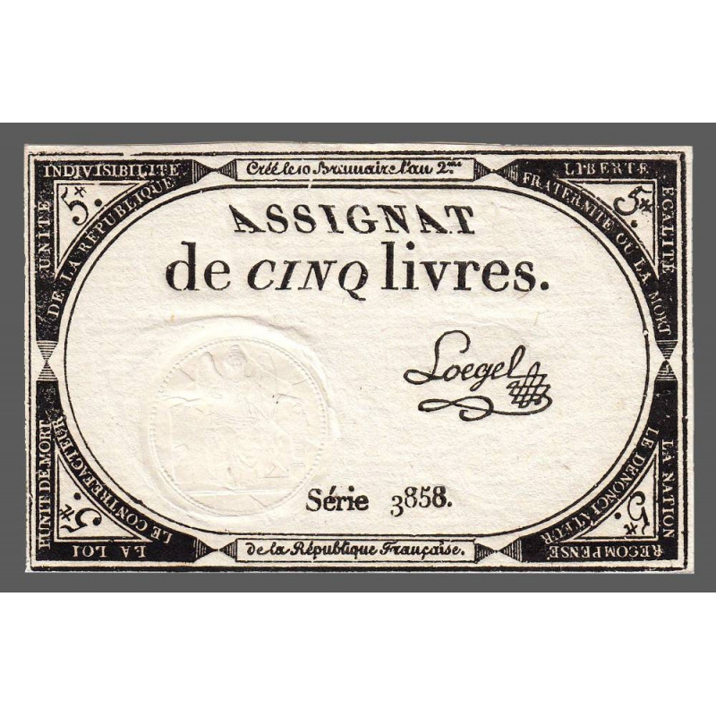 Assignat 46a - 5 livres - 10 brumaire an 2 - Signature 69 - Etat : SUP