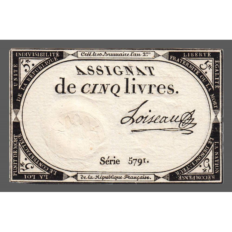 Assignat 46a - 5 livres - 10 brumaire an 2 - Signature 70 - Etat : SUP