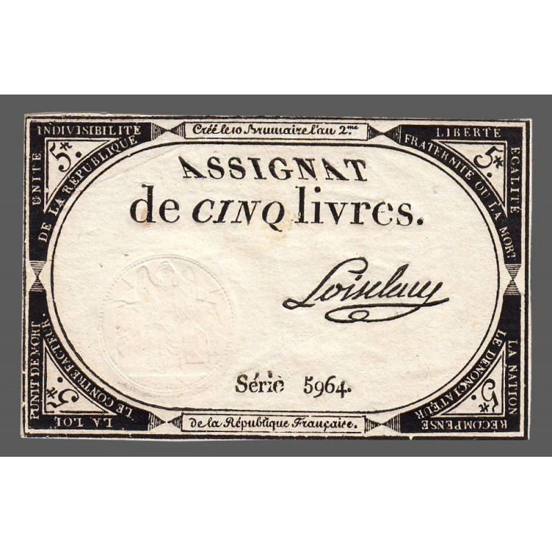 Assignat 46a - 5 livres - 10 brumaire an 2 - Signature 71 - Etat : SUP