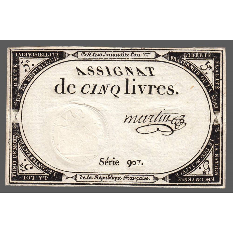 Assignat 46a - 5 livres - 10 brumaire an 2 - Signature 73 - Etat : SUP