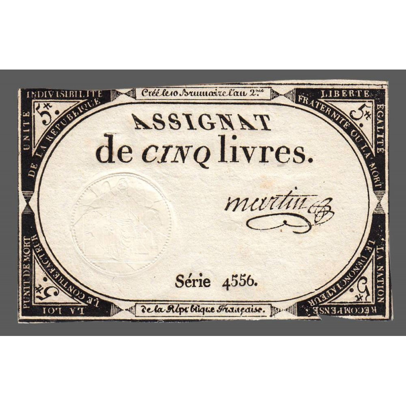Assignat 46a - 5 livres - 10 brumaire an 2 - Signature 73 - Etat : TB+