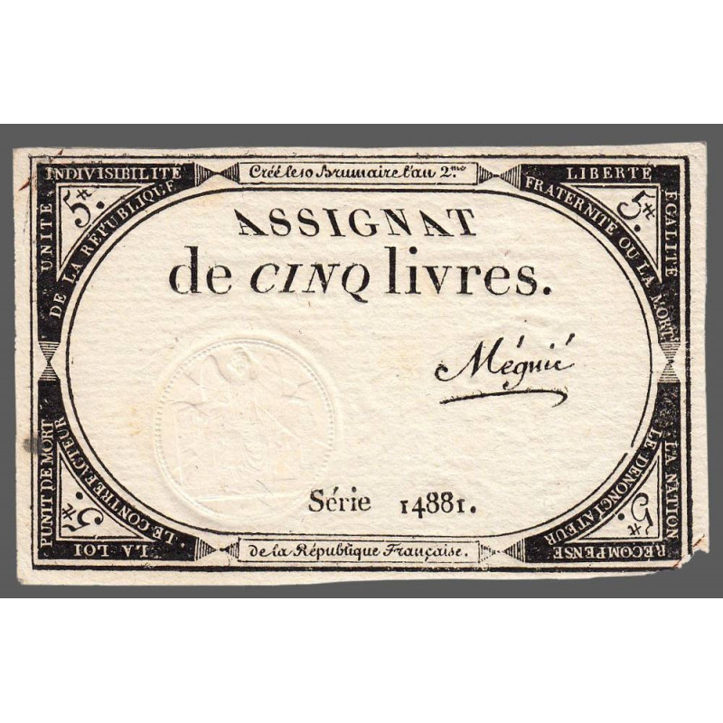 Assignat 46a - 5 livres - 10 brumaire an 2 - Signature 76 - Etat : TTB+