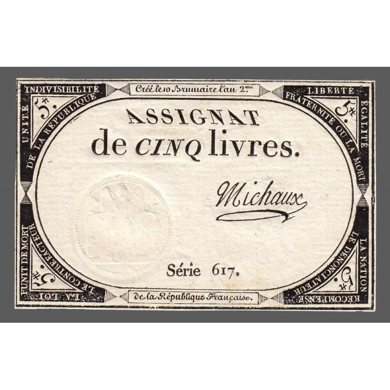 Assignat 46a - 5 livres - 10 brumaire an 2 - Signature 78 - Etat : SUP