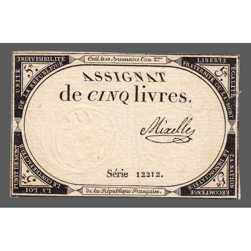 Assignat 46a - 5 livres - 10 brumaire an 2 - Signature 79 - Etat : TTB