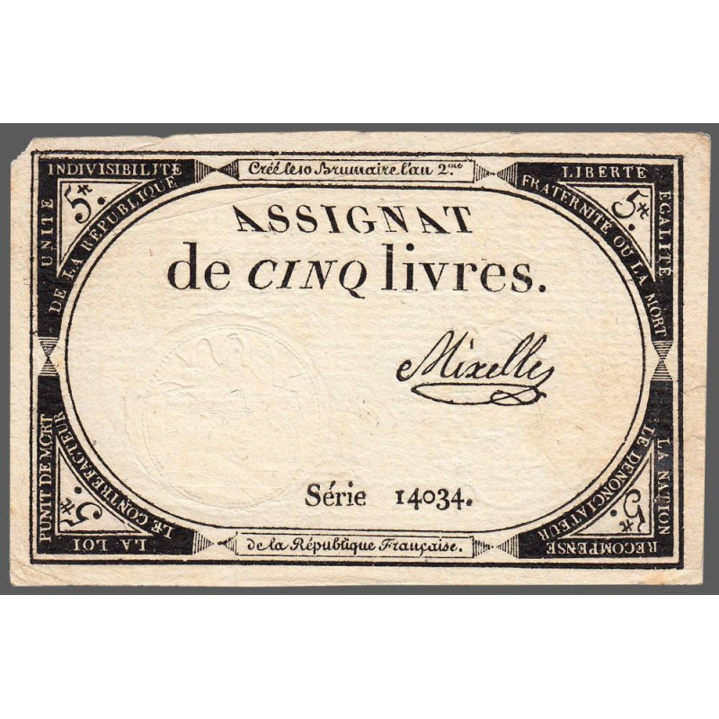 Assignat 46a - 5 livres - 10 brumaire an 2 - Signature 79 - Etat : TTB