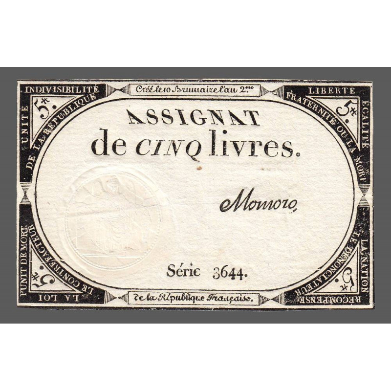 Assignat 46a - 5 livres - 10 brumaire an 2 - Signature 80 - Etat : SUP