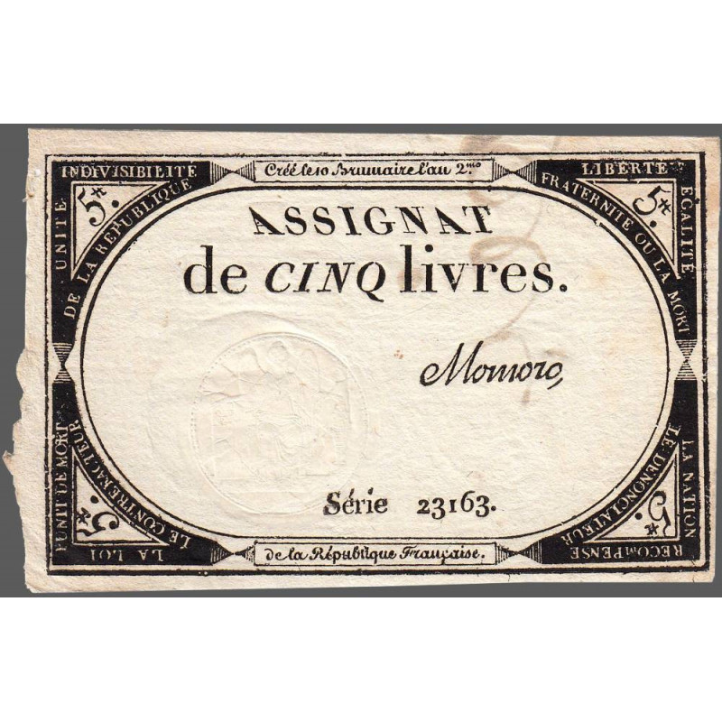 Assignat 46a - 5 livres - 10 brumaire an 2 - Signature 80 - Etat : TTB