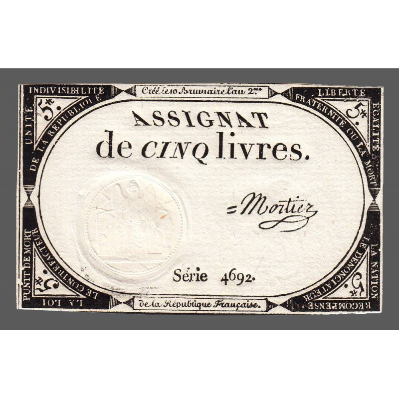 Assignat 46a - 5 livres - 10 brumaire an 2 - Signature 81 - Etat : SUP