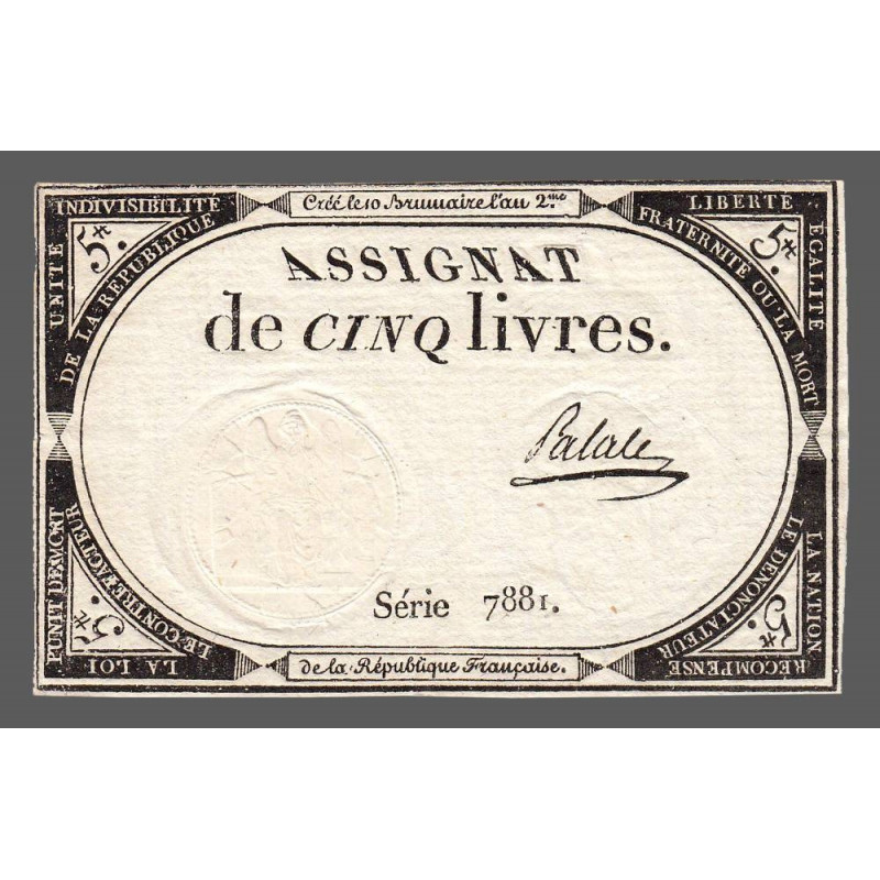 Assignat 46a - 5 livres - 10 brumaire an 2 - Signature 82 - Etat : SUP