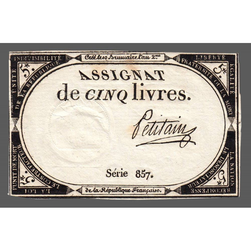 Assignat 46a - 5 livres - 10 brumaire an 2 - Signature 83 - Etat : TTB