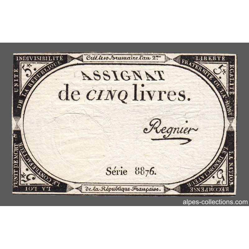 Assignat 46a - 5 livres - 10 brumaire an 2 - Signature 89 - Etat : SUP