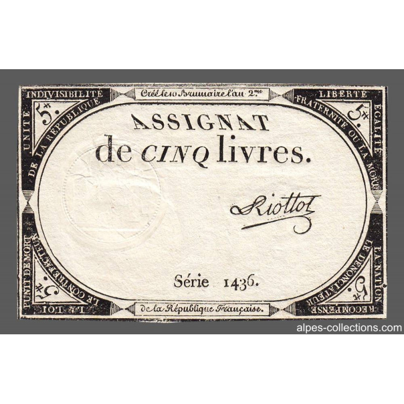 Assignat 46a - 5 livres - 10 brumaire an 2 - Signature 90 - Etat : SUP