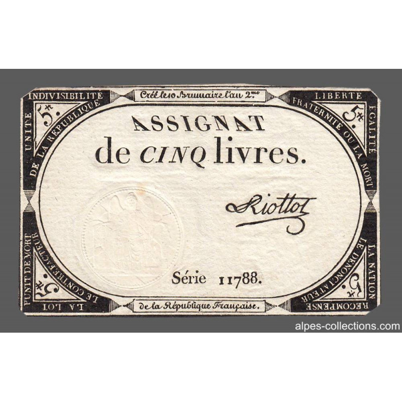 Assignat 46a - 5 livres - 10 brumaire an 2 - Signature 90 - Etat : TB+
