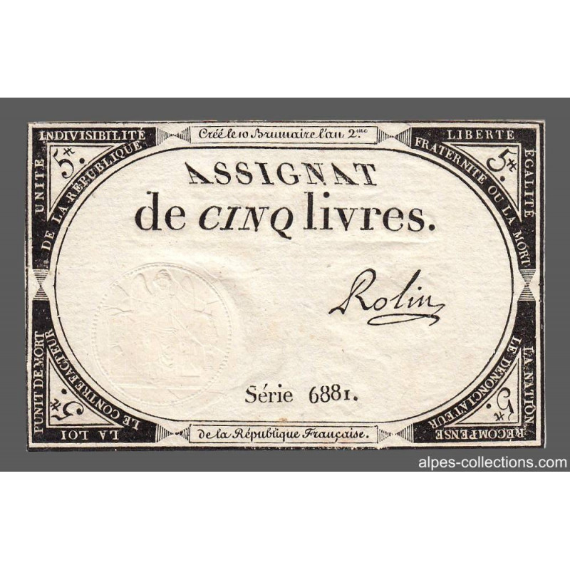 Assignat 46a - 5 livres - 10 brumaire an 2 - Signature 91 - Etat : SUP