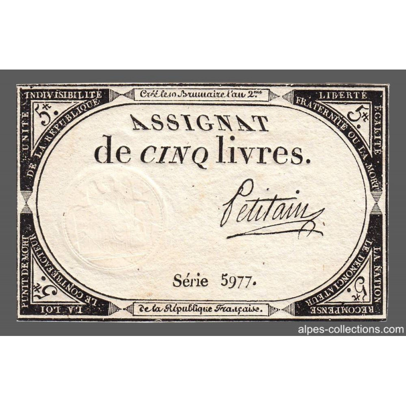 Assignat 46a - 5 livres - 10 brumaire an 2 - Signature 83 - Etat : SUP