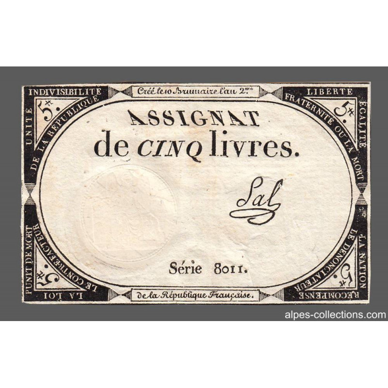 Assignat 46a - 5 livres - 10 brumaire an 2 - Signature 93 - Etat : SUP