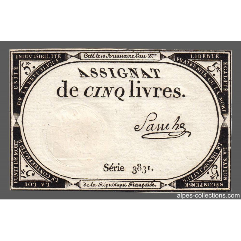 Assignat 46a - 5 livres - 10 brumaire an 2 - Signature 94 - Etat : SUP
