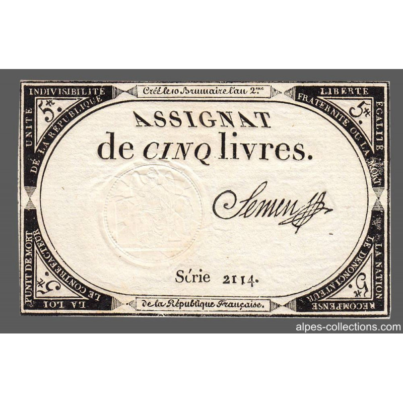 Assignat 46a - 5 livres - 10 brumaire an 2 - Signature 96 - Etat : SUP