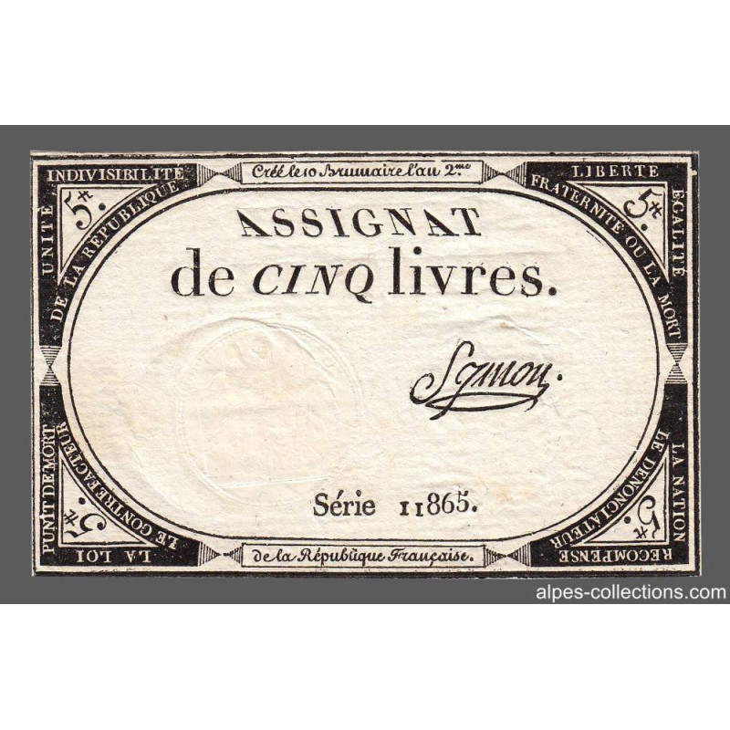Assignat 46a - 5 livres - 10 brumaire an 2 - Signature 97 - Etat : SUP