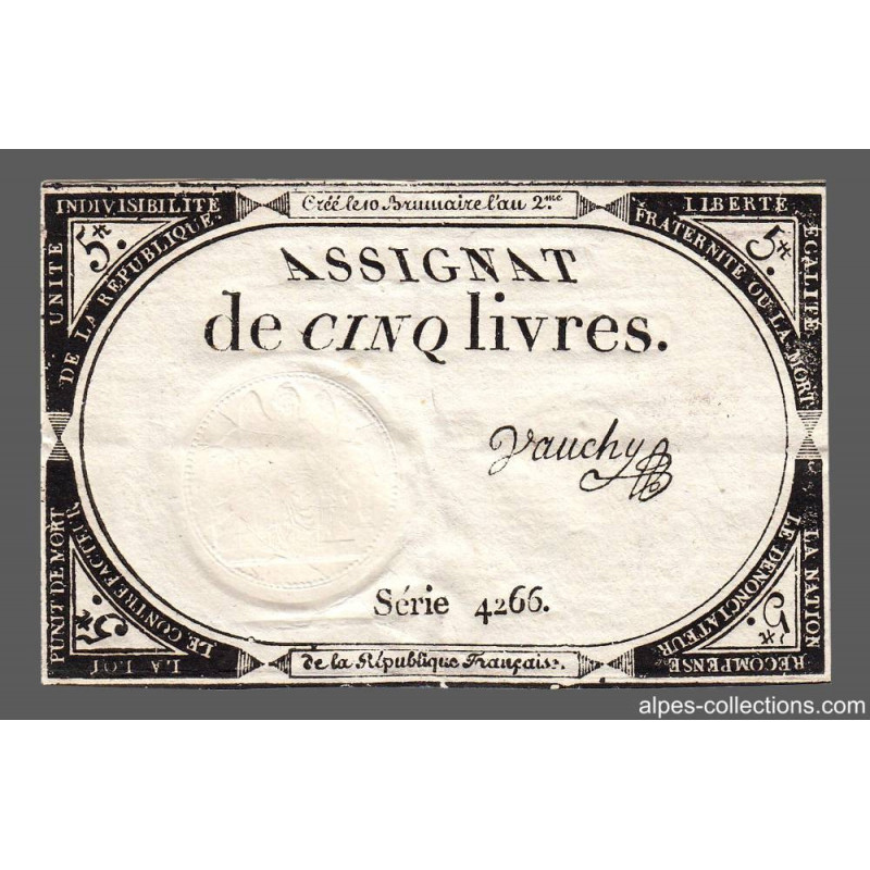 Assignat 46a - 5 livres - 10 brumaire an 2 - Signature 100 - Etat : SUP