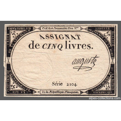 Assignat 46a - 5 livres - 10 brumaire an 2 - Signature 5 - Etat : TTB