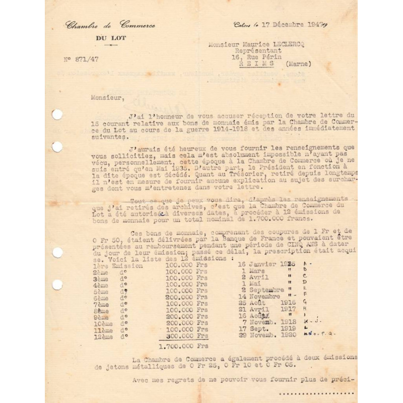 Cahors - Pirot 35 - Document de 1947
