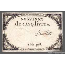 Assignat 46a - 5 livres - 10 brumaire an 2 - Signature 7 - Etat : TB+