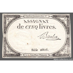 Assignat 46a - 5 livres - 10 brumaire an 2 - Signature 9 - Etat : TTB+