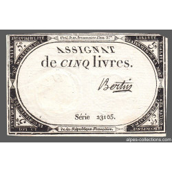 Assignat 46a - 5 livres - 10 brumaire an 2 - Signature 15 - Etat : TTB+