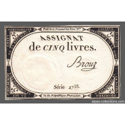 Assignat 46a - 5 livres - 10 brumaire an 2 - Signature 20 - Etat : SUP