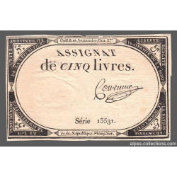 Assignat 46a - 5 livres - 10 brumaire an 2 - Signature 25 - Etat : TTB