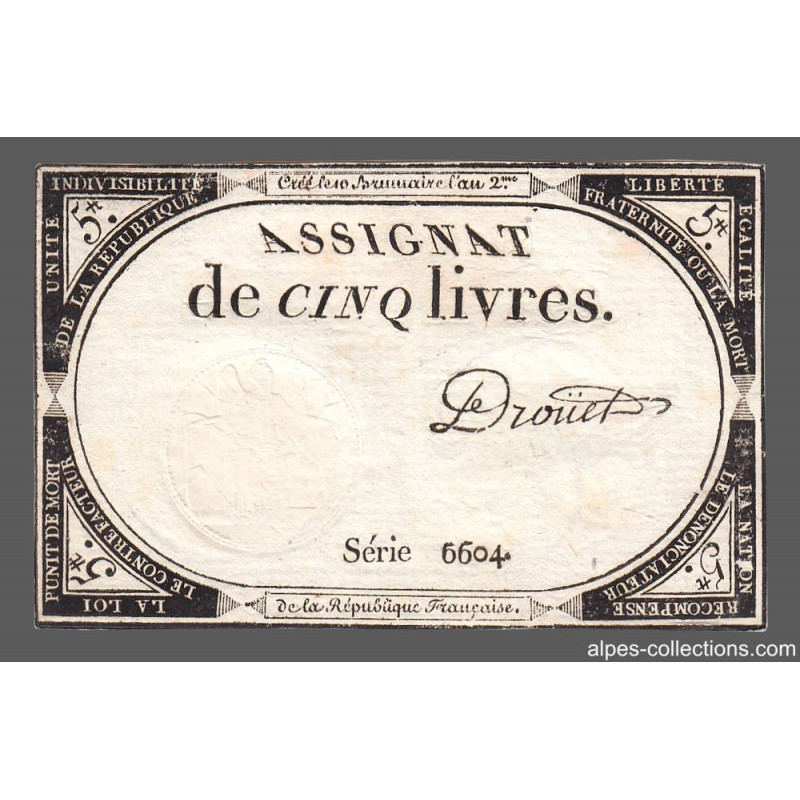 Assignat 46a - 5 livres - 10 brumaire an 2 - Signature 32 - Etat : SUP
