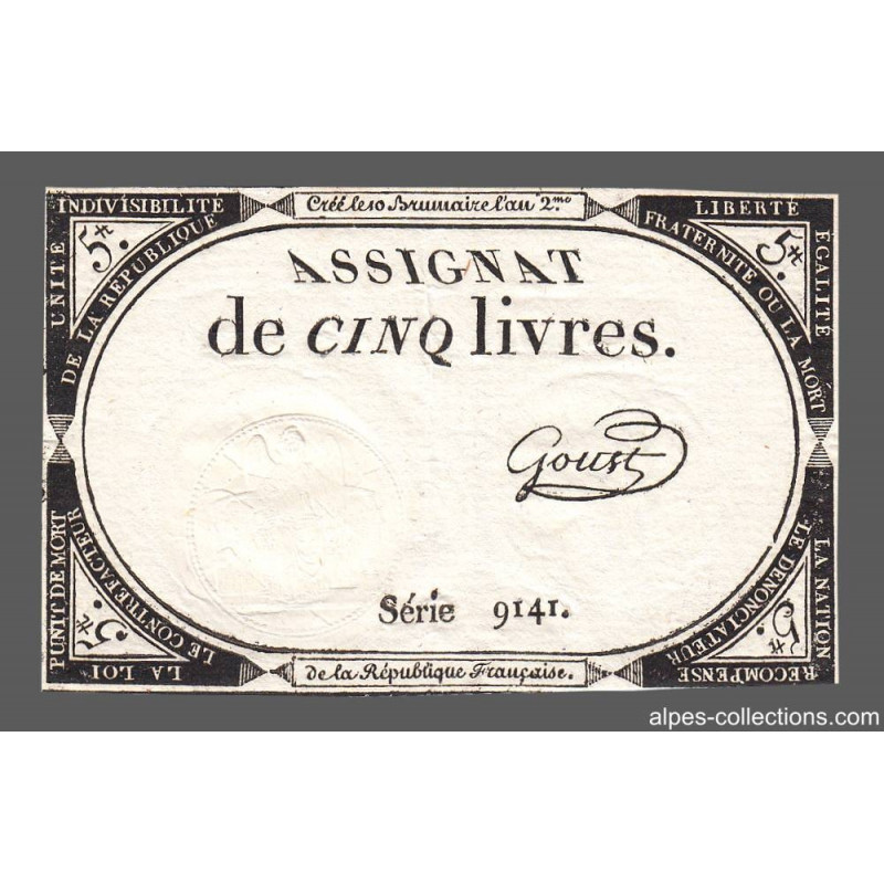 Assignat 46a - 5 livres - 10 brumaire an 2 - Signature 55 - Etat : SUP