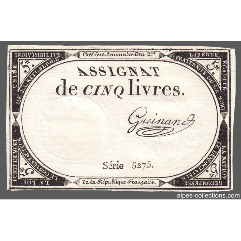 Assignat 46a - 5 livres - 10 brumaire an 2 - Signature 56 - Etat : TTB