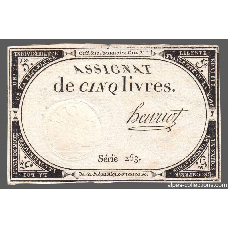 Assignat 46a - 5 livres - 10 brumaire an 2 - Signature 57 - Etat : SUP