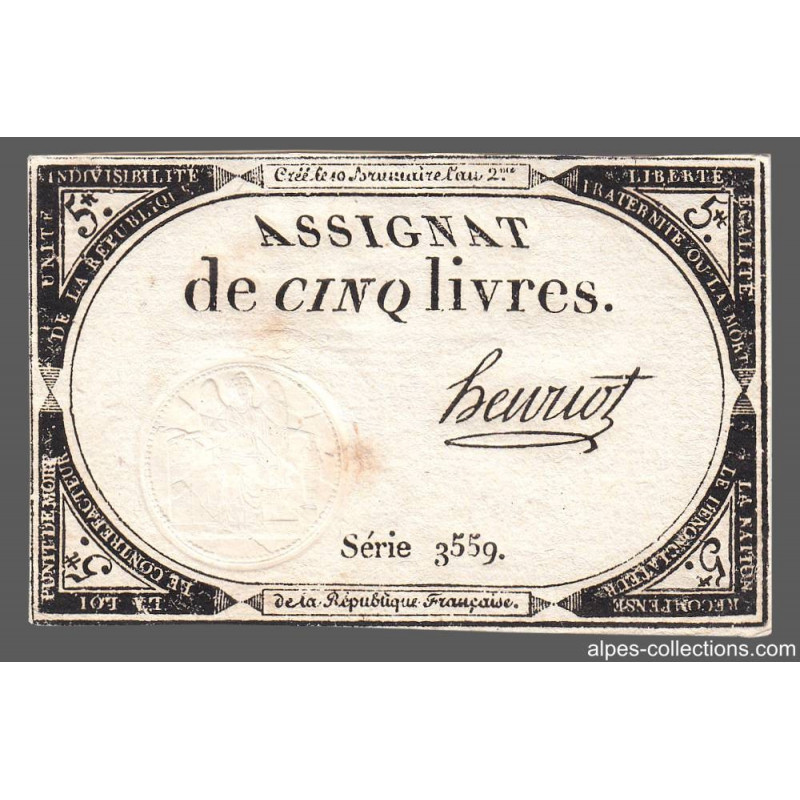 Assignat 46a - 5 livres - 10 brumaire an 2 - Signature 57 - Etat : TTB