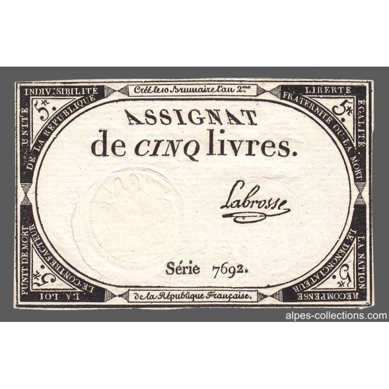 Assignat 46a - 5 livres - 10 brumaire an 2 - Signature 59 - Etat : SUP