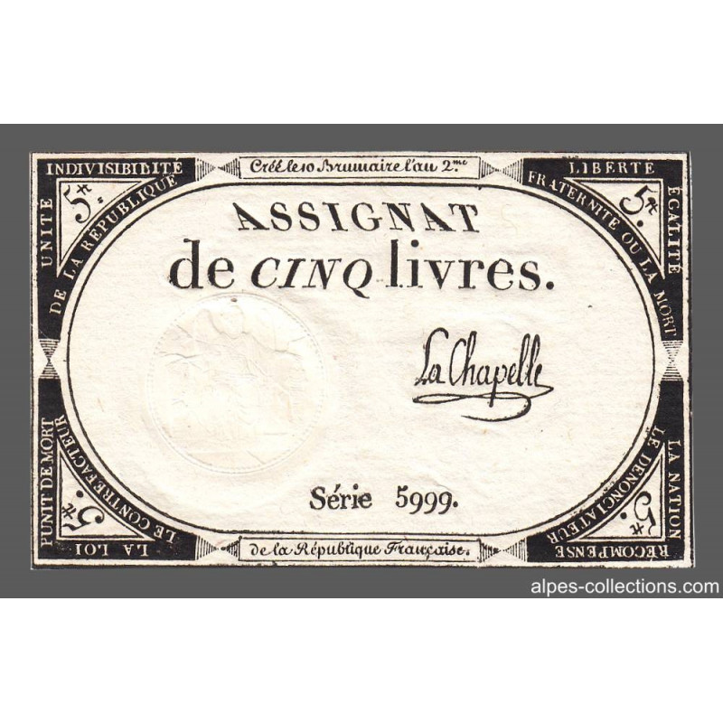 Assignat 46a - 5 livres - 10 brumaire an 2 - Signature 60 - Etat : SUP+