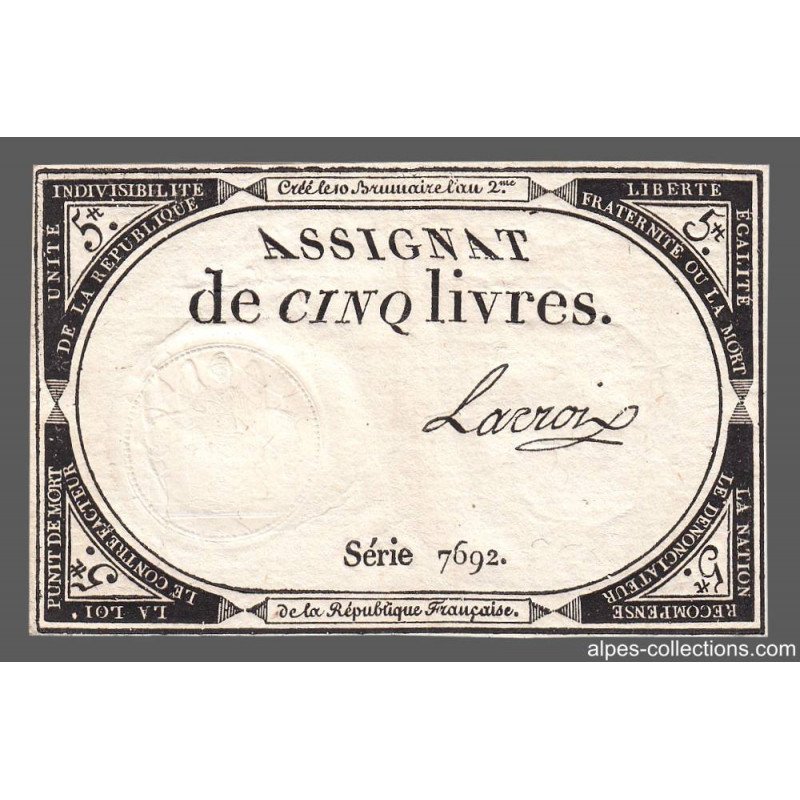 Assignat 46a - 5 livres - 10 brumaire an 2 - Signature 61 - Etat : TTB