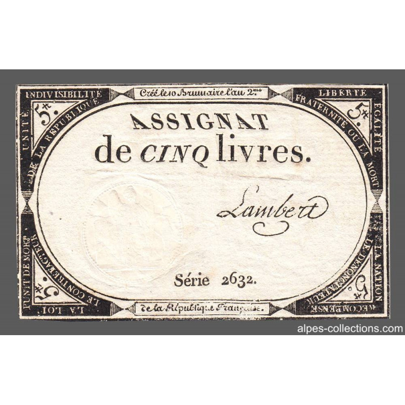 Assignat 46a - 5 livres - 10 brumaire an 2 - Signature 62 - Etat : TTB+